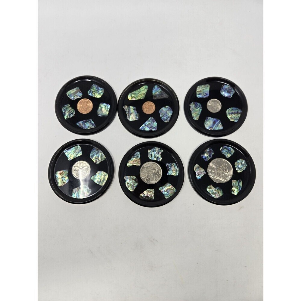 VINTAGE DRINK COASTER SET OF 6 NEW ZEALAND PAUA SHELL & COINS MONEY COLLECTIBLE